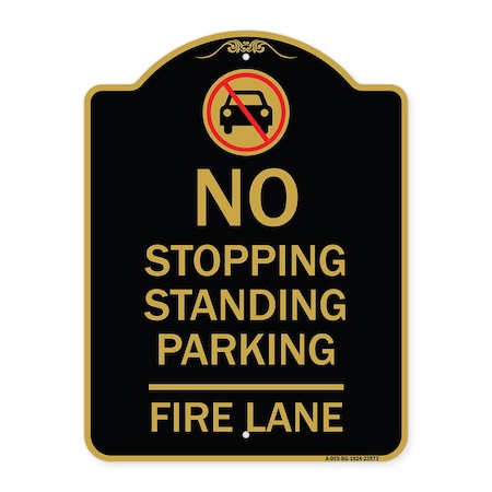 Signmission No Stopping Standing Fire Lane W/ Graphic, Black & Gold Aluminum Sign, 18" x 24", BG-1824-23573 A-DES-BG-1824-23573
